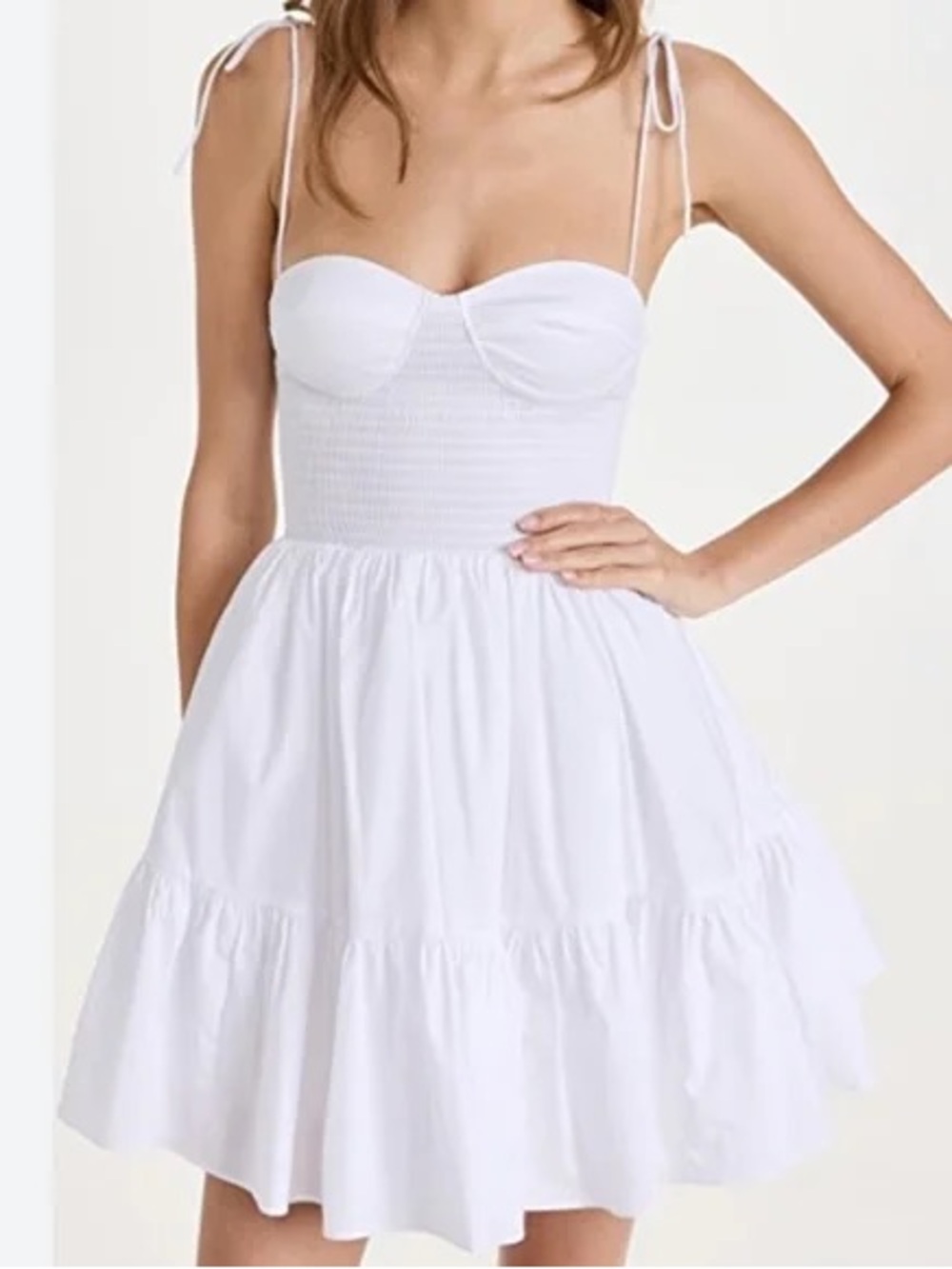STAUD White Tie-Shoulder Smocked Bust Mini Dress